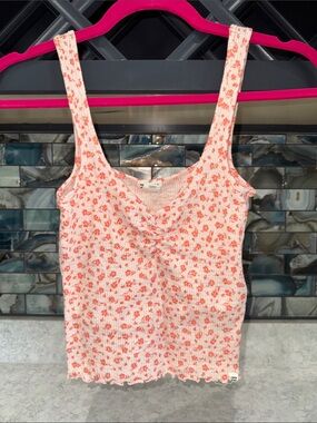 Billabong White and Coral Floral Ribbed Cami
